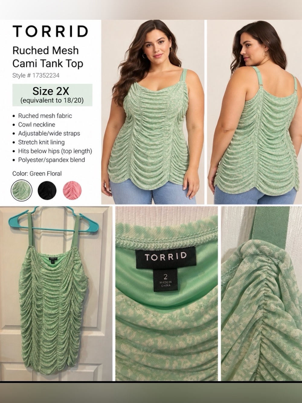 torrid light sage ruched tank with adjustable straps